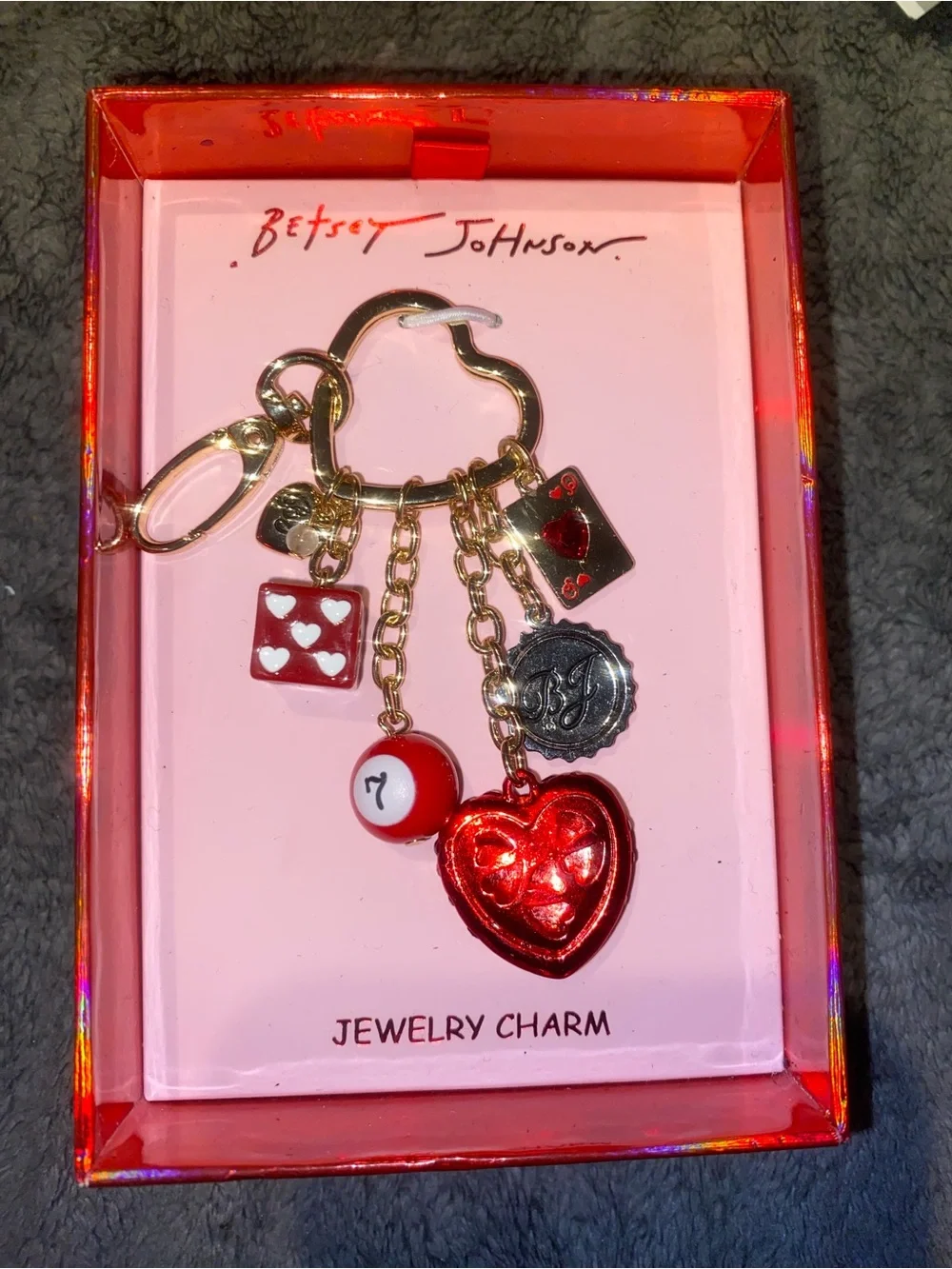 Betsey Johnson Red Heart & Charm Bracelet Keyring Good Luck & Love